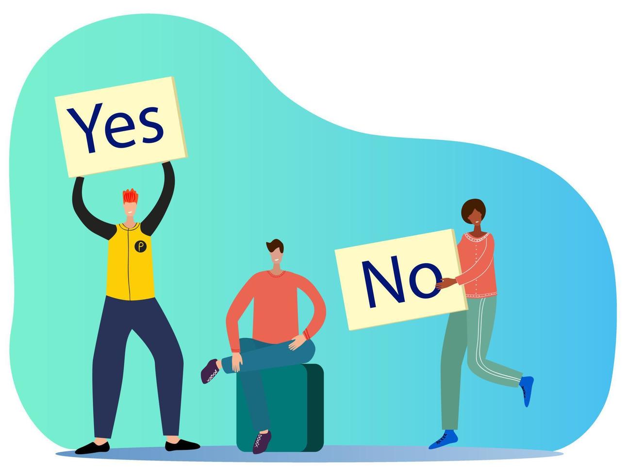 Vector illustration.Two people are arguing with each other holding Yes and No signs.The concept of disputes, debates, negotiations