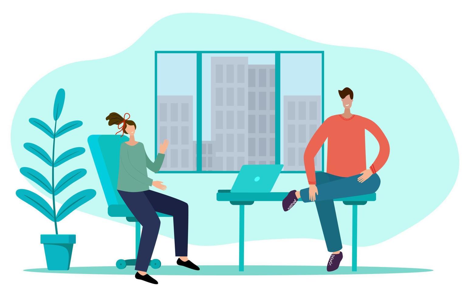 Two businessmen work in the office. The concept of collaboration, search for solutions.Flat vector illustration.