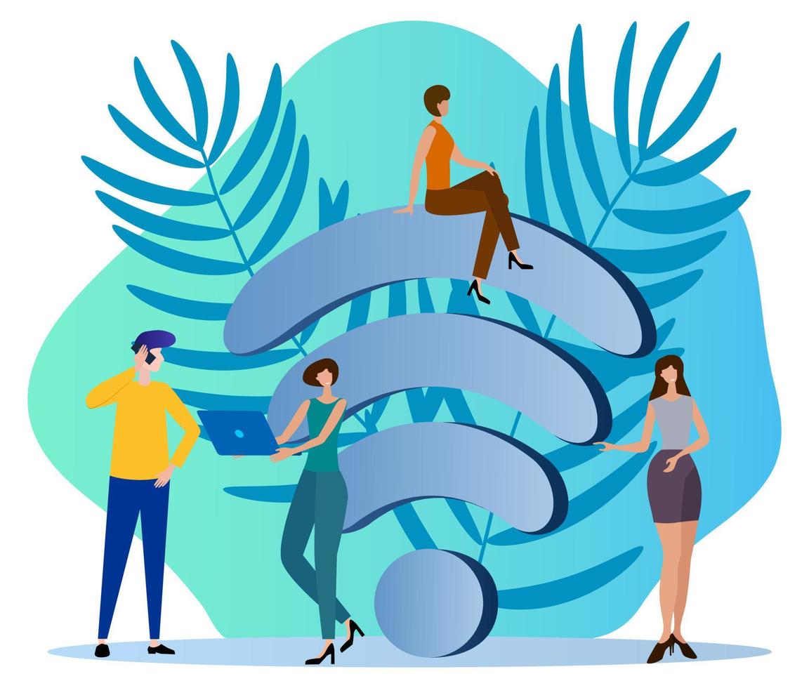 People and wi-fi.People on the background of the wi-fi icon go online.Flat vector illustration.