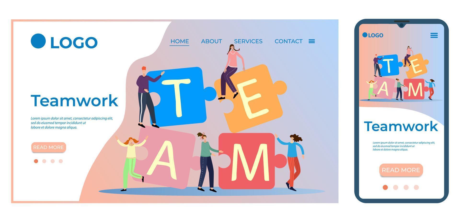 Teamwork.Template for the user interface of the website's home page.Landing page template.The adaptive design of the smartphone.vector illustration. vector