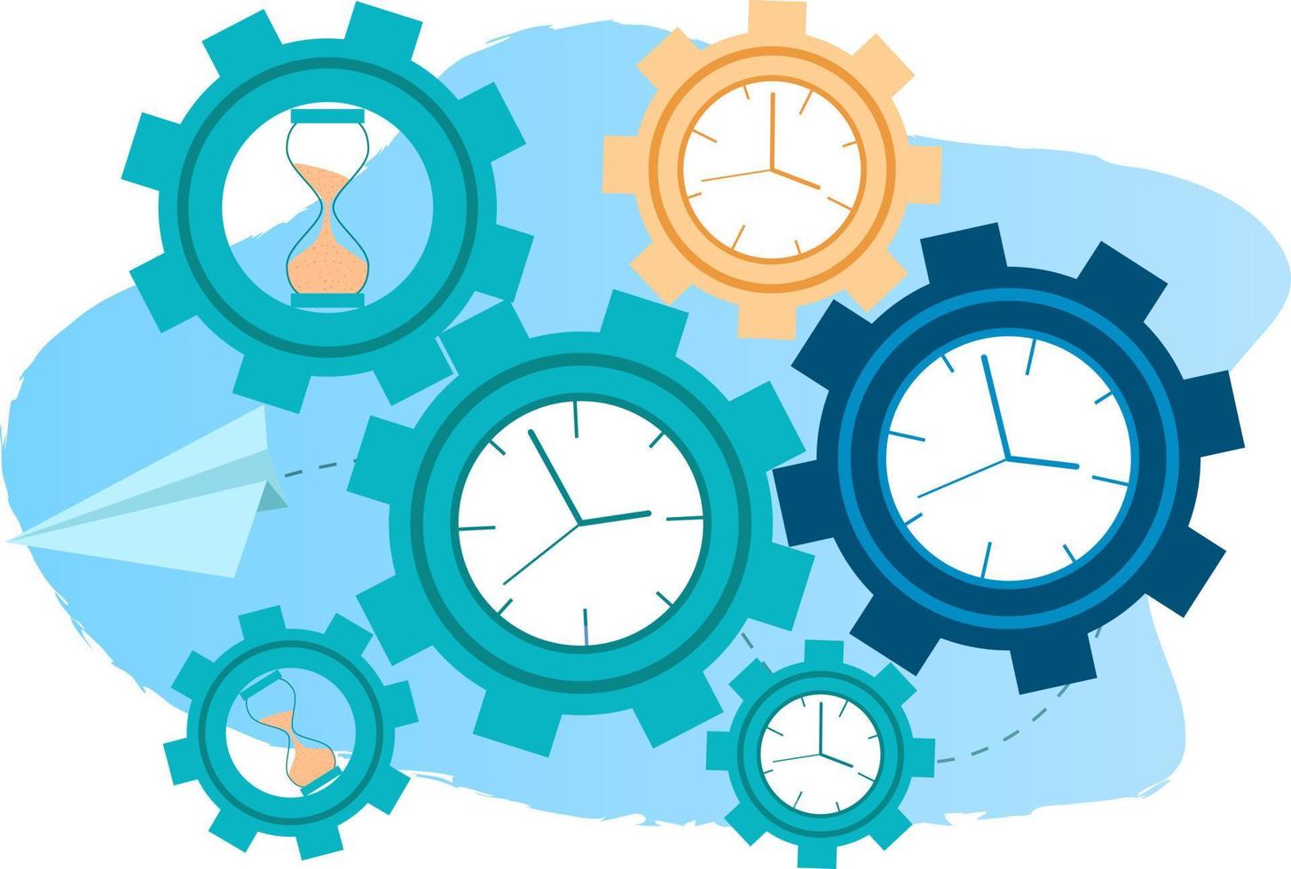 Time-management.The concept of saving working time.The clock and gears symbolize the control of the workflow.Flat vector illustration.