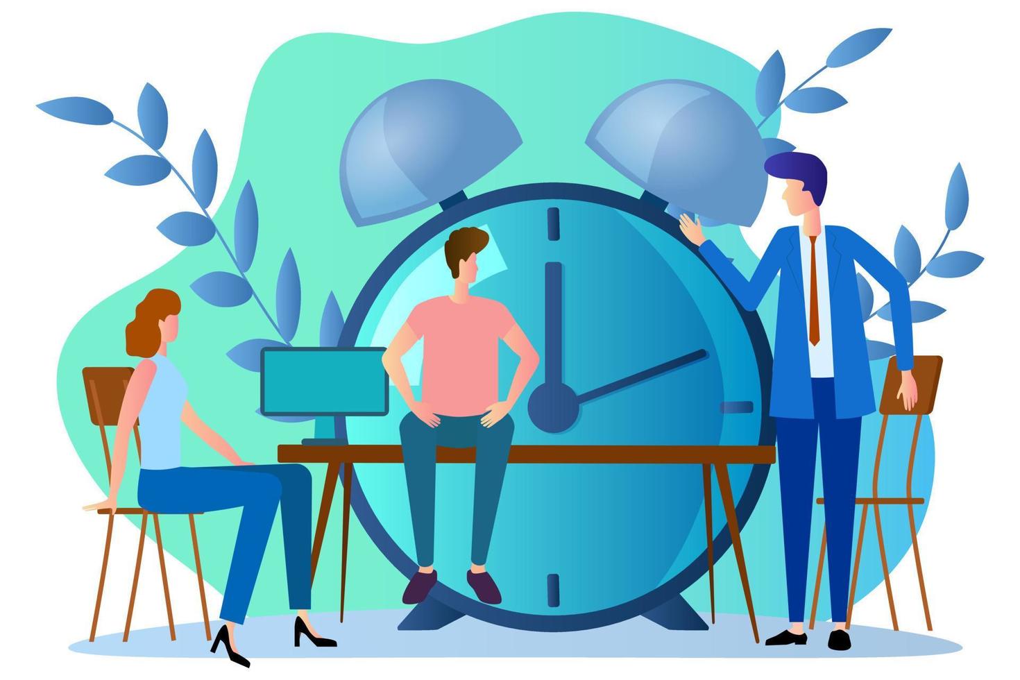 People and a large clock.Time management, control of Finance, time is money.Flat vector illustration.