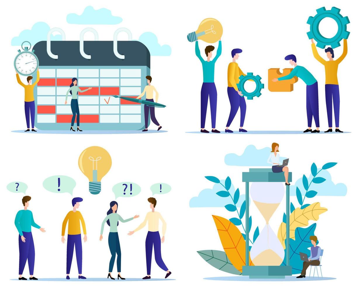 Time management, work management, search for ideas, teamwork.A set of illustrations for the design.flat vector illustration.