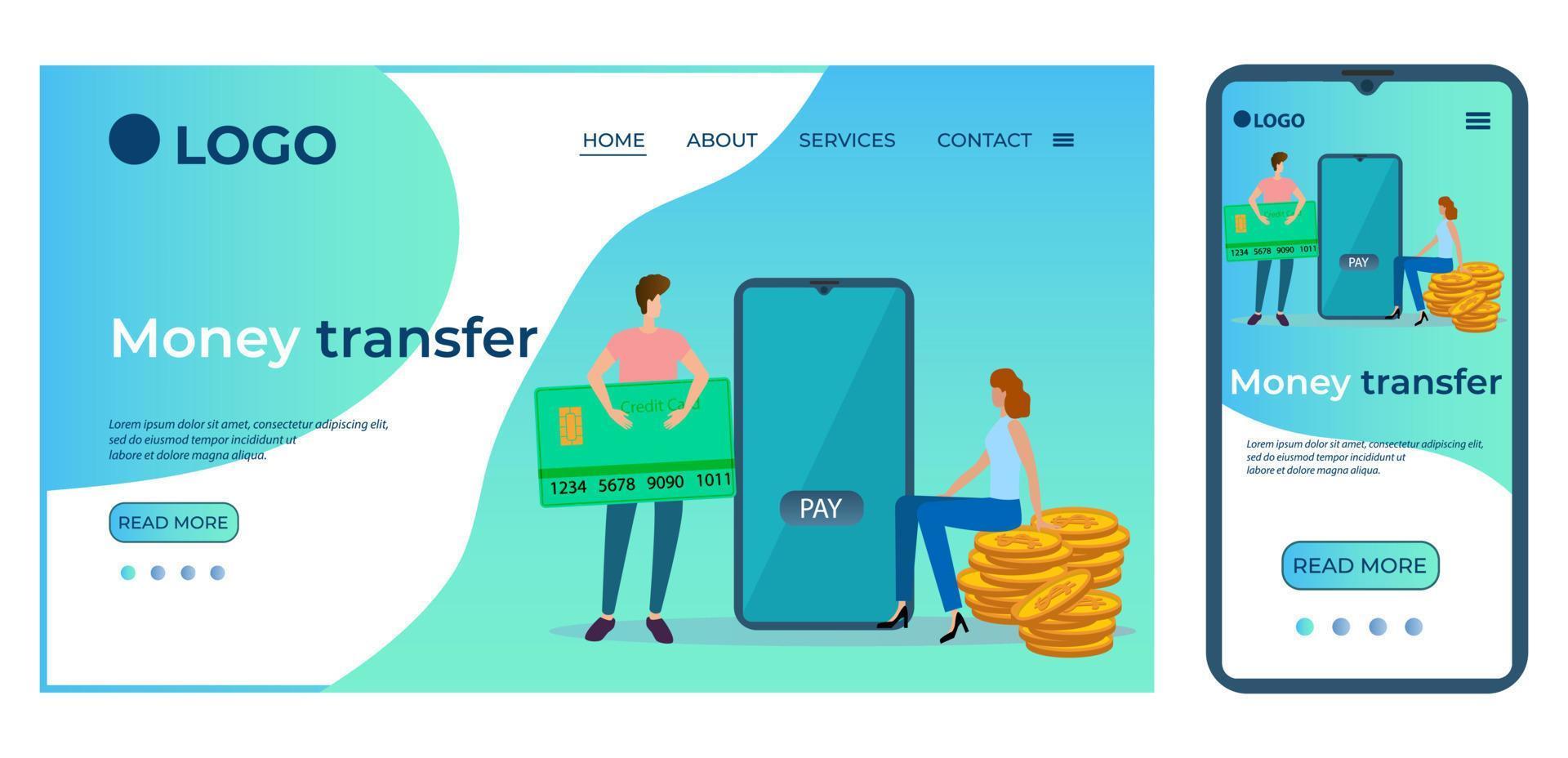 Money transfer.Template for the user interface of the site's home page.Landing page template.The adaptive design of the smartphone.vector illustration. vector