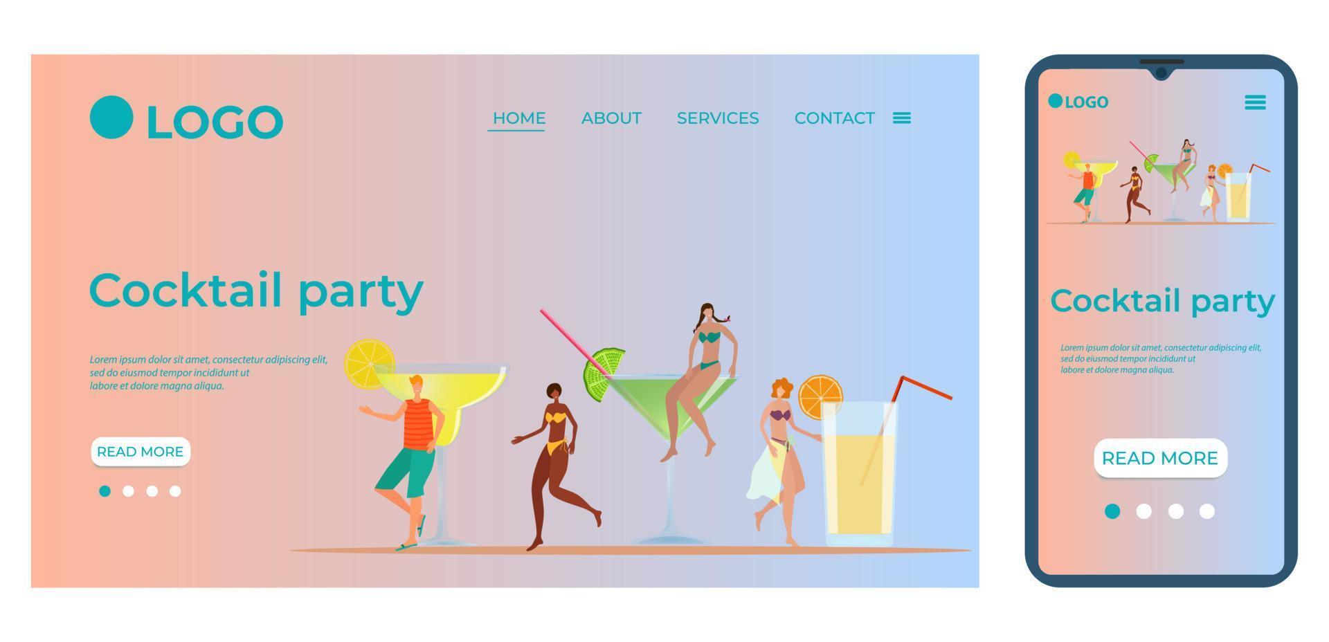 cocktail party.template para la interfaz de usuario de la página de inicio del sitio.plantilla de página de aterrizaje.el diseño adaptativo del smartphone.ilustración vectorial. vector