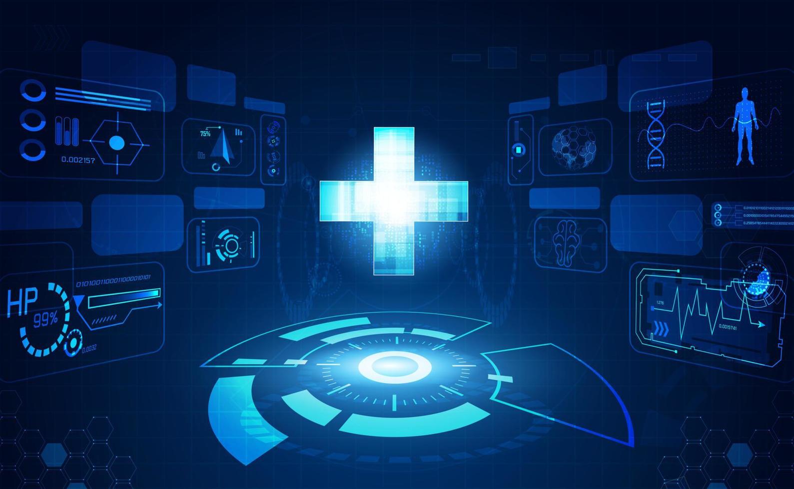 la ciencia de la salud abstracta consiste en salud más interfaz hud concepto de tecnología digital médico moderno sobre fondo azul futuro de alta tecnología. vector