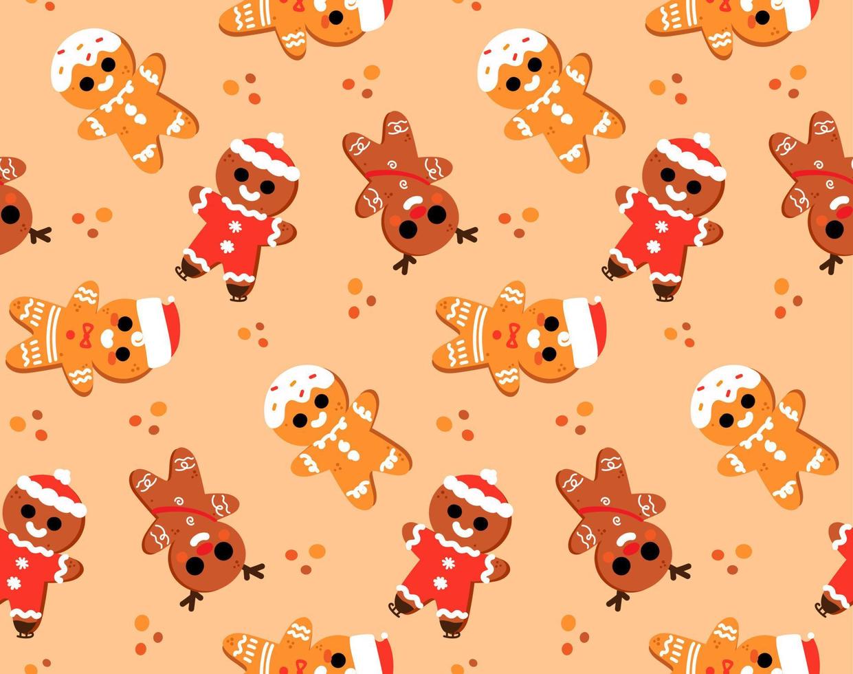 Gingerbread man is decorated in xmas hat seamless background texture. Cute vector pattern for new year's day, christmas, winter holiday, cooking, new year's eve, food, etc. Cute xmas background.