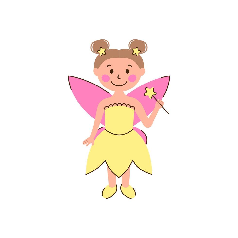 Cute fairy with a magic wand isolated on white background. Children, girl vector illustration