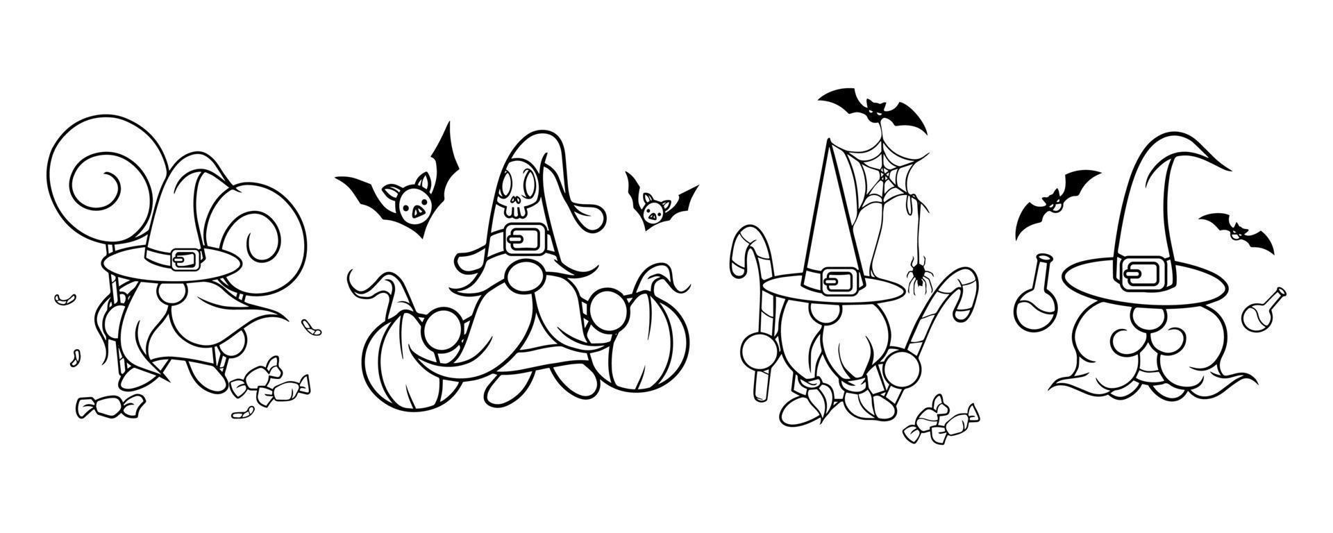 Halloween vector gnome in hat with candy, bat, spider web, beard and magic potion. Set vector. Holidays greeting card. Trick or treat. Isolated on white background. For flyers, invitations, cards.