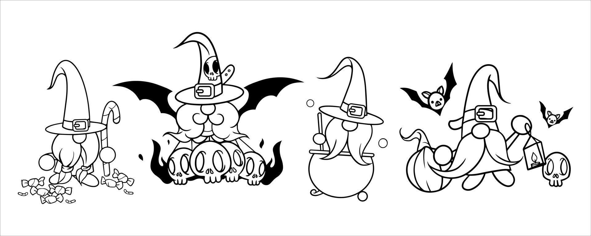 gnomo vectorial de halloween con sombrero con caramelo, murciélago, telaraña, barba, fuego, poción mágica y cráneo. Establecer tarjeta de felicitación de vacaciones de vector. truco o trato. aislado sobre fondo blanco. perfecto para Halloween. vector