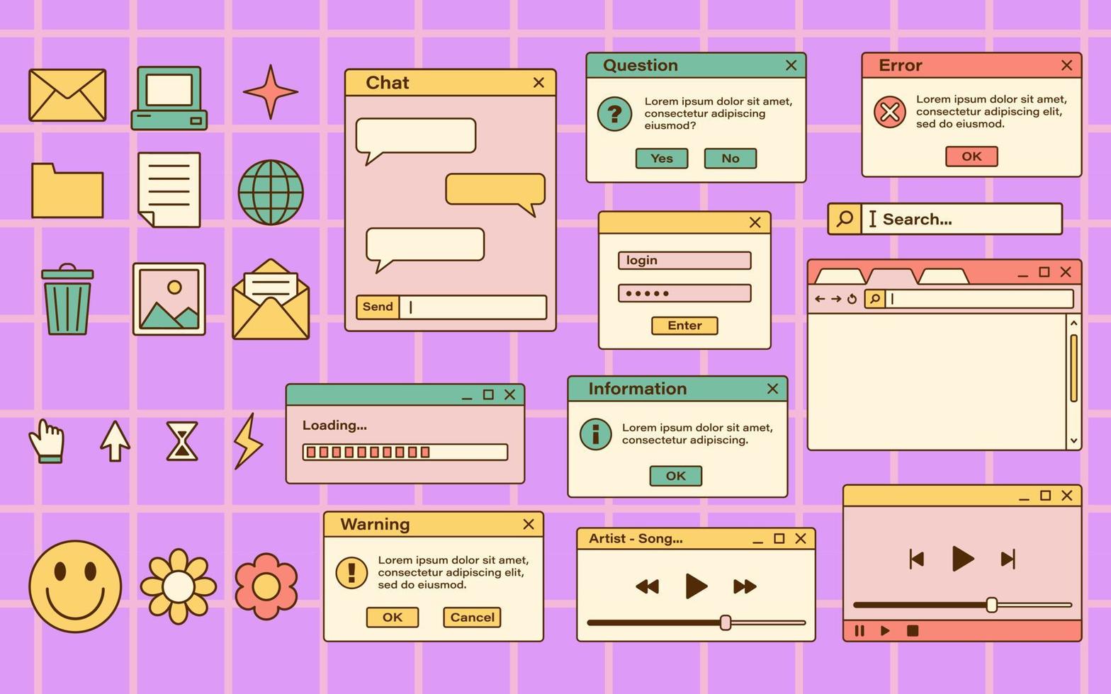 Vector set of retro vaporwave computer interface. Vintage browser and dialog window templates. Nostalgic OS. Retro icons.