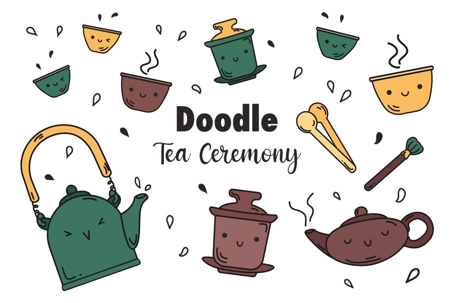 Set of items for traditional oriental tea drinking. Doodle style. Teapot, gaiwan, drinking bowls, jia tsu tongs, Teapot brush. Vector collection on white background