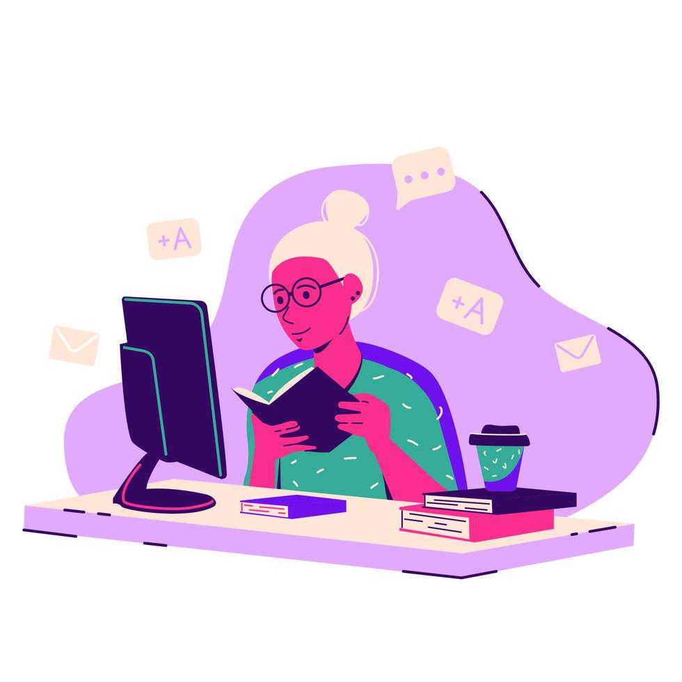 Students at the computer. The concept of online learning. Communication through gadgets vector