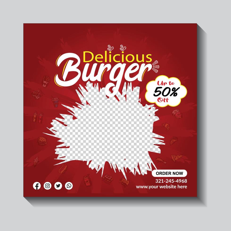 deliciosa hamburguesa y menú de comida diseño de banner de redes sociales vector