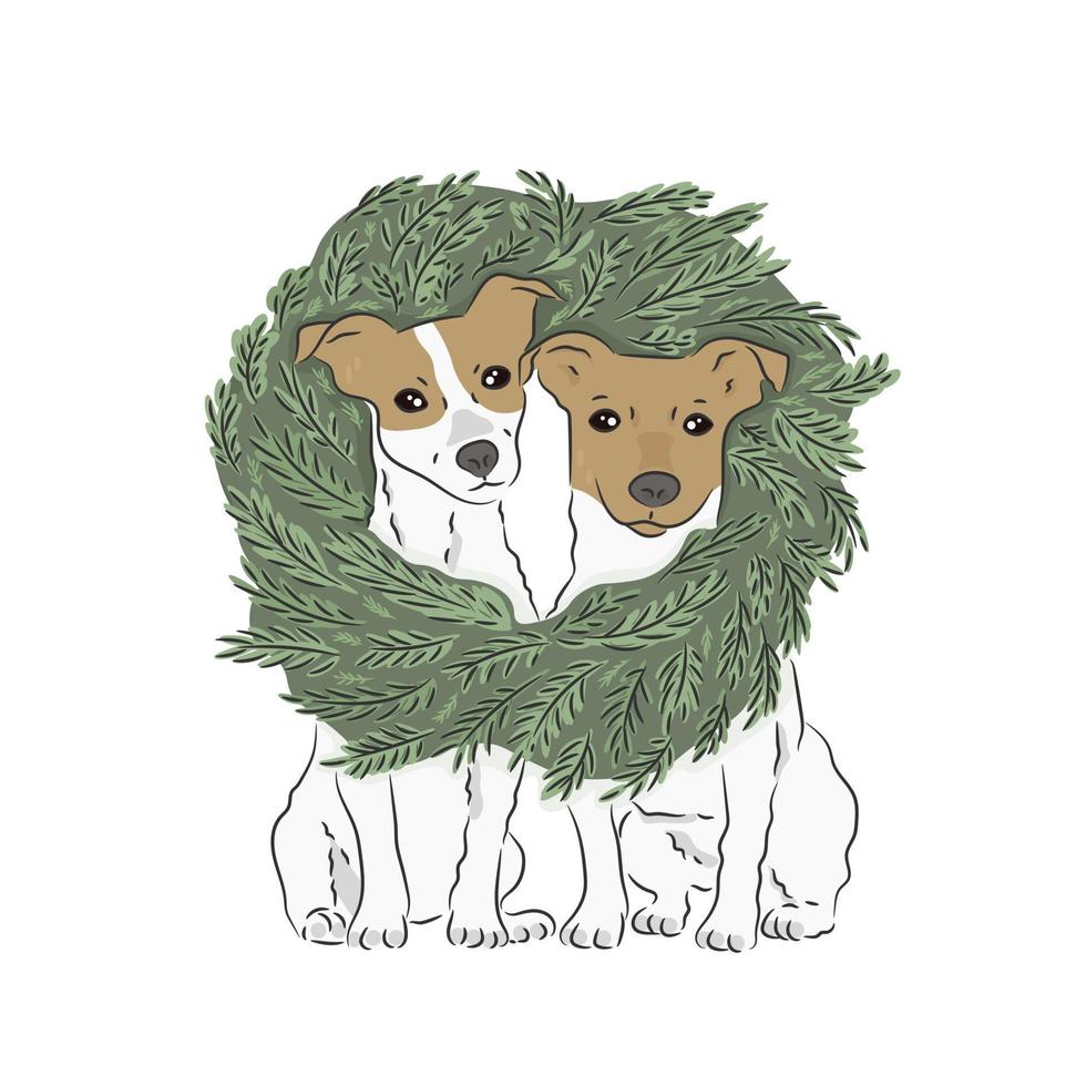 two dogs in a New Year's wreath vector