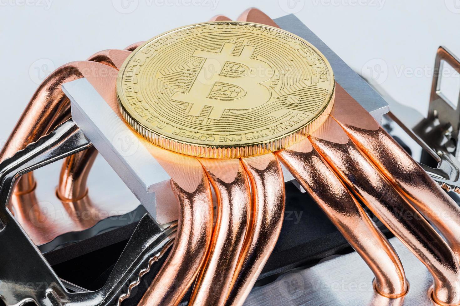 Bitcoin shiner cooling on modern tower heat radiator with six copper heatpipes photo