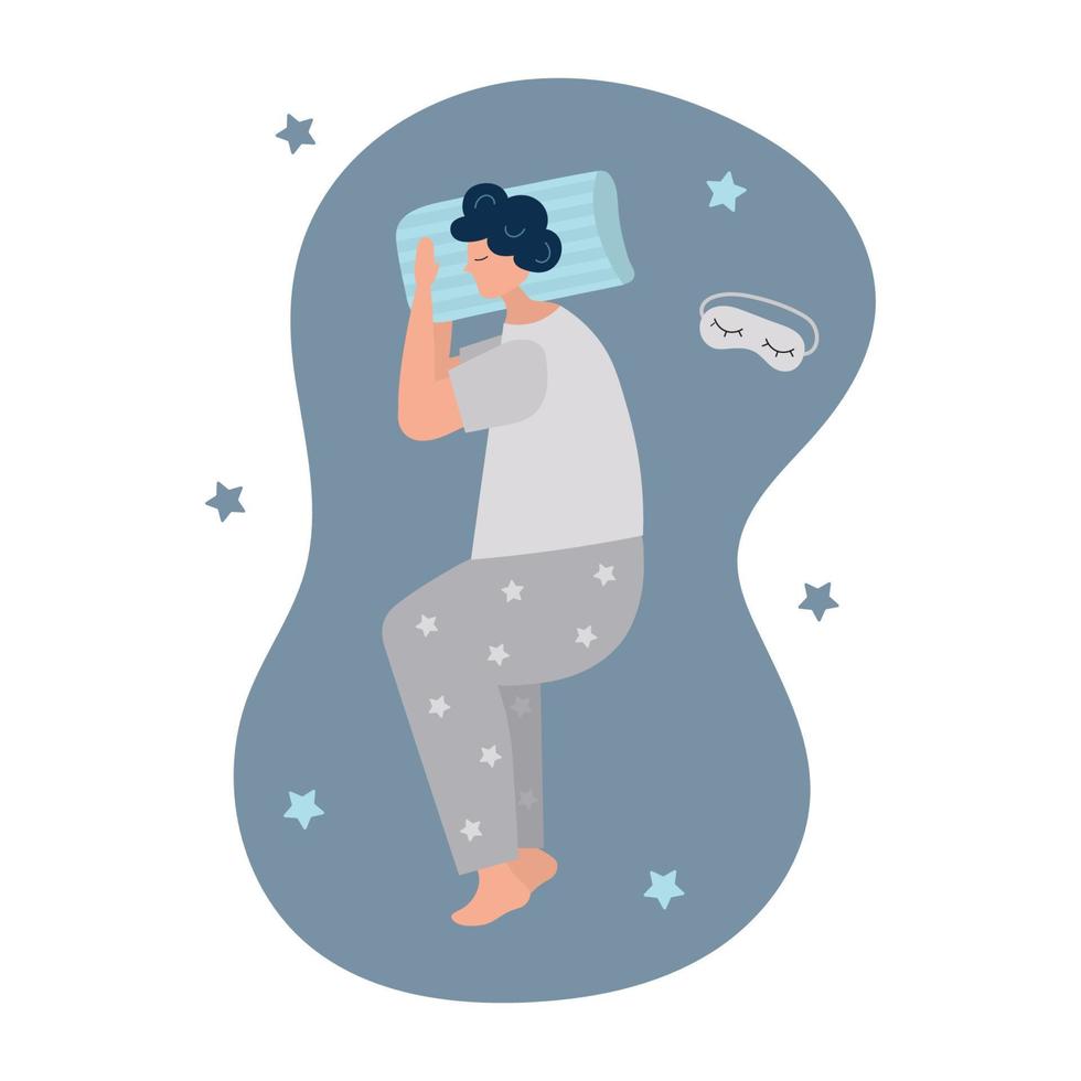 dulces sueños, buen concepto de salud. el joven duerme de lado. ilustración vectorial anuncio de colchón o almohada. plantilla de diseño con pose de dormir para volante, diseño vector