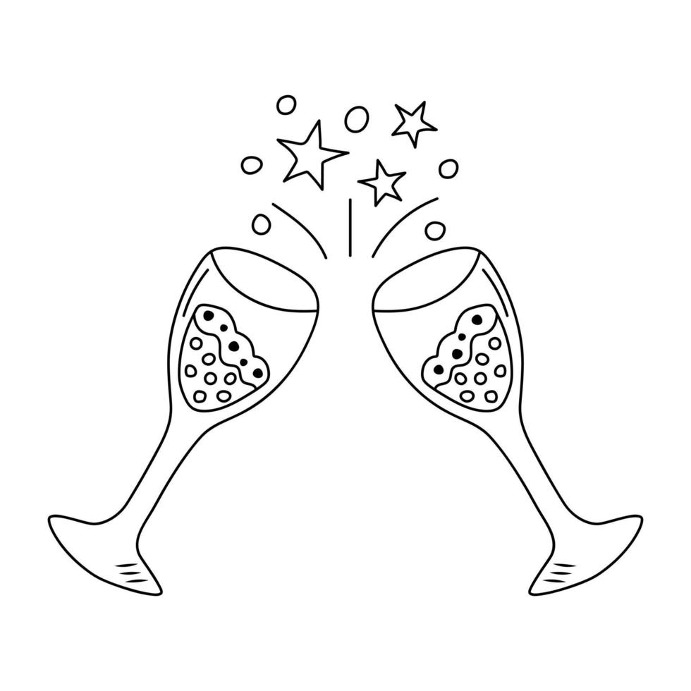 Two clinking glasses with champagne in doodle style. Cheers, holiday toast, birthday, party, anniversary concept. Black and white vector illustration for coloring book.