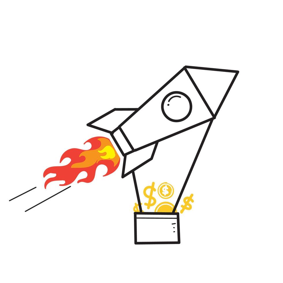 hand drawn doodle rocket with money symbol for boost income or investment illustration vector