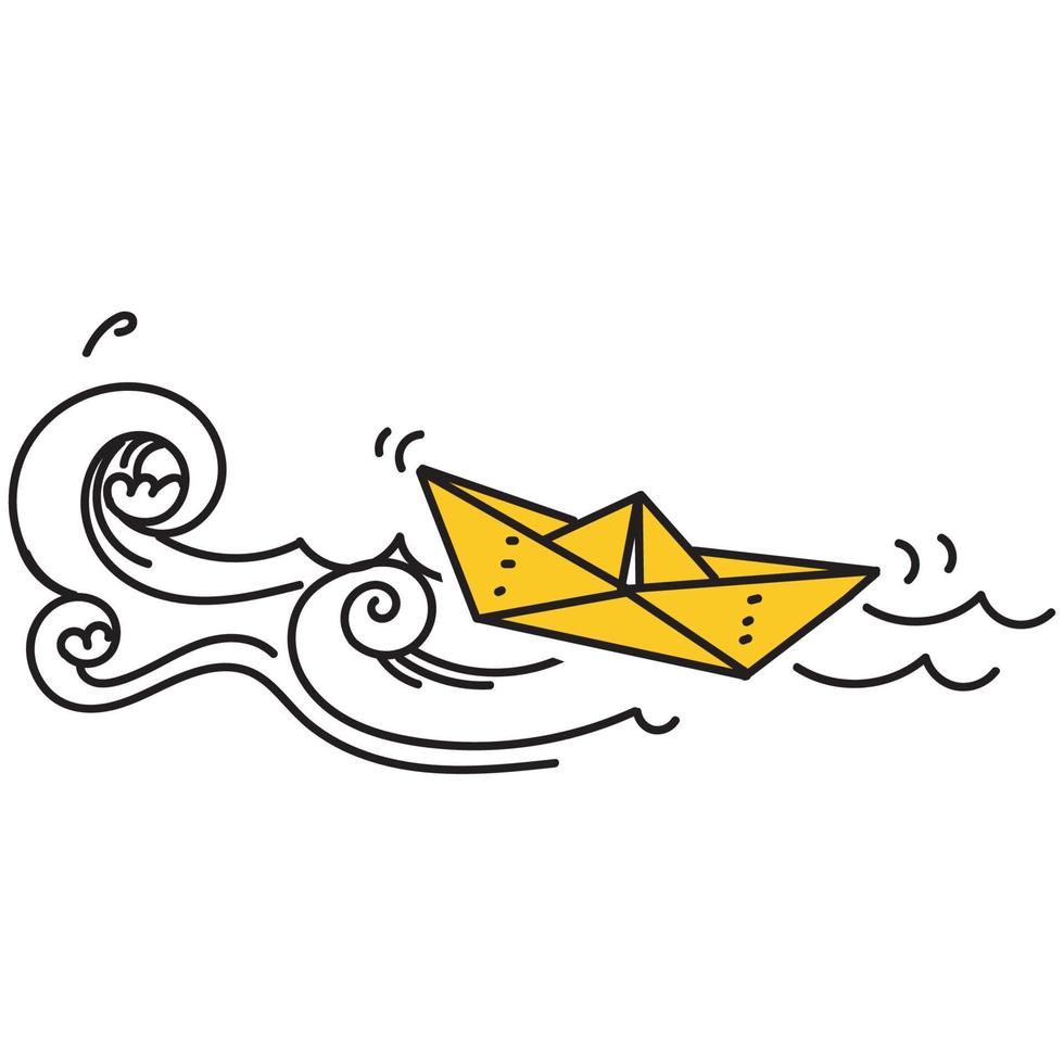 barco de papel de garabato dibujado a mano en vector de ilustración de olas grandes