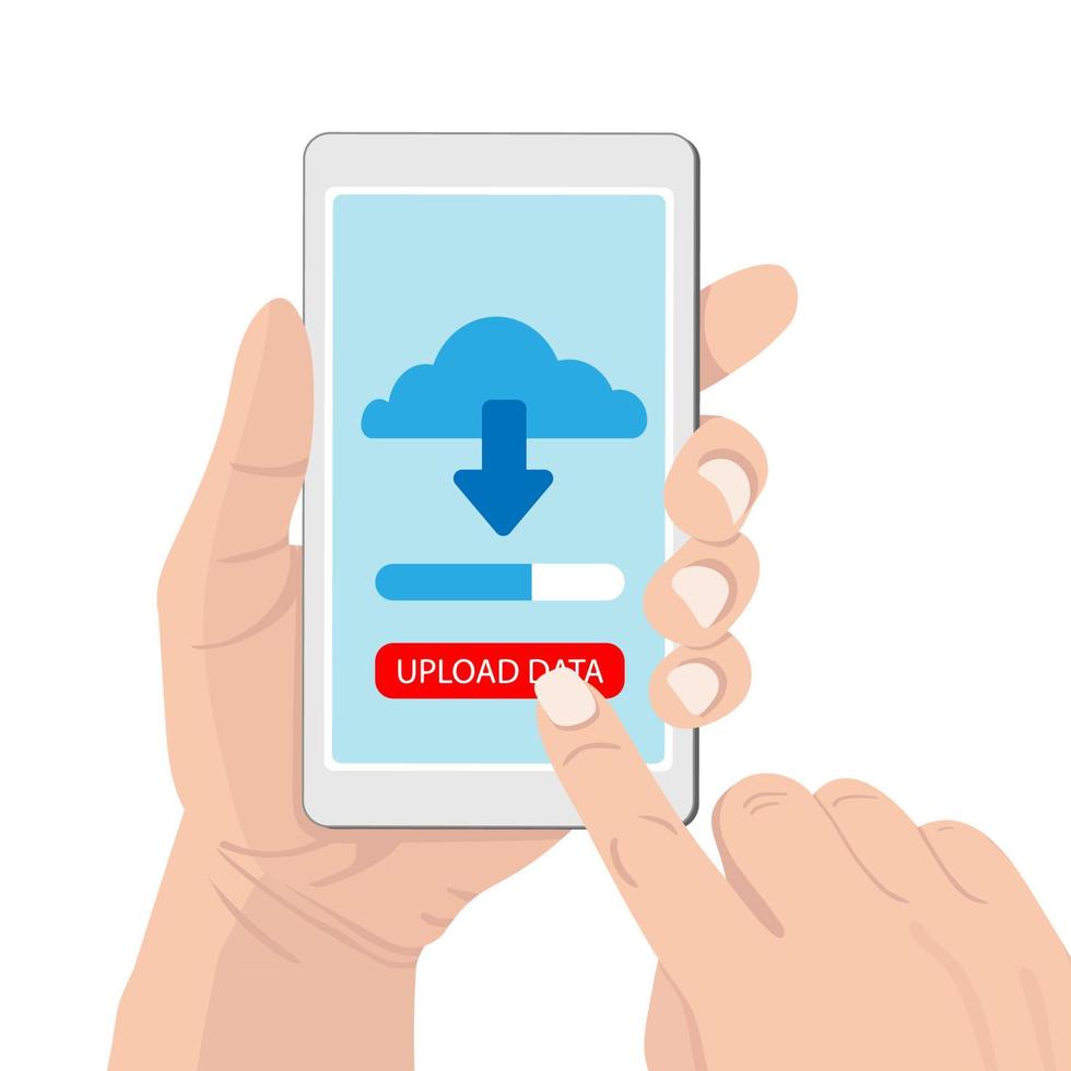 Smartphone with cloud and file download button in hand. Upload data, cloud computing, business concept. Flat vector Illustration.