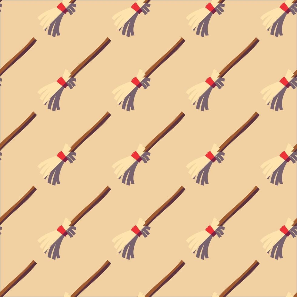 Halloween concept. Vector seamless pattern of broom on beige background. Suitable for postcards, fabric, textile, wrappers, wallpapers