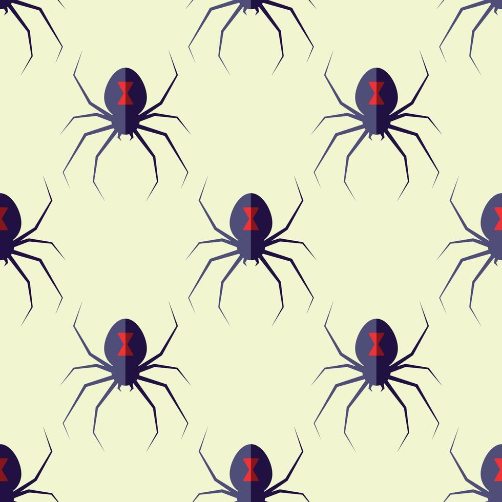 Halloween concept. Vector seamless pattern of spider on light yellow background. Suitable for postcards, fabric, textile, wrappers, wallpapers
