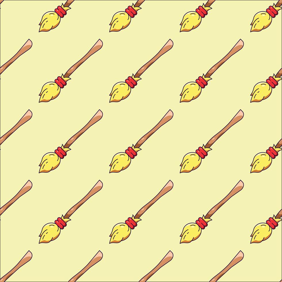 Halloween concept. Vector seamless pattern of detailed broom on light yellow background. Suitable for postcards, fabric, textile, wrappers, wallpapers