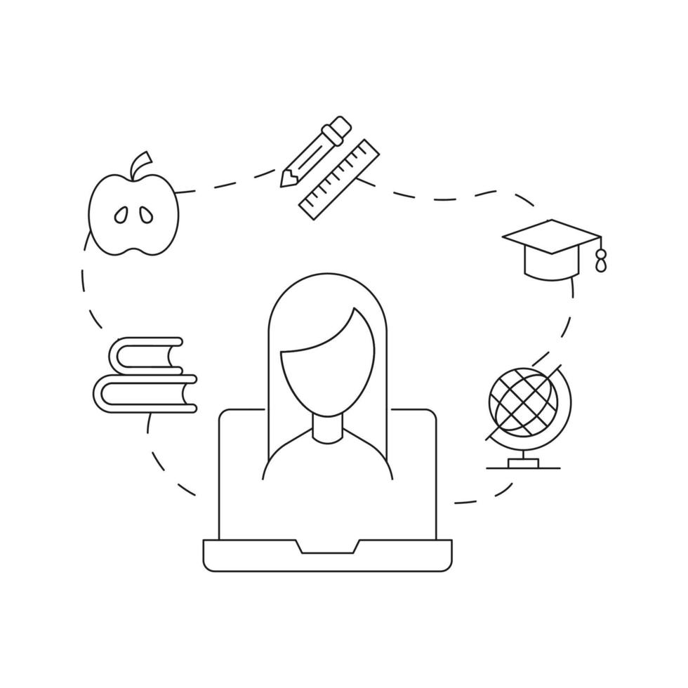 Line illustrator of female student on screen of laptop surrounded by books, apple, liner and pencil, globe and Square academic cap vector