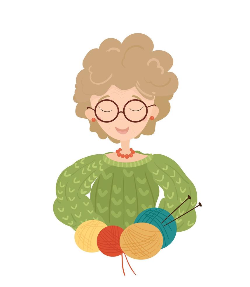 Illustration of a cute grandmother knits. Knitting is a female hobby. Knitting illustration for a magazine, postcard, website, instagram. vector