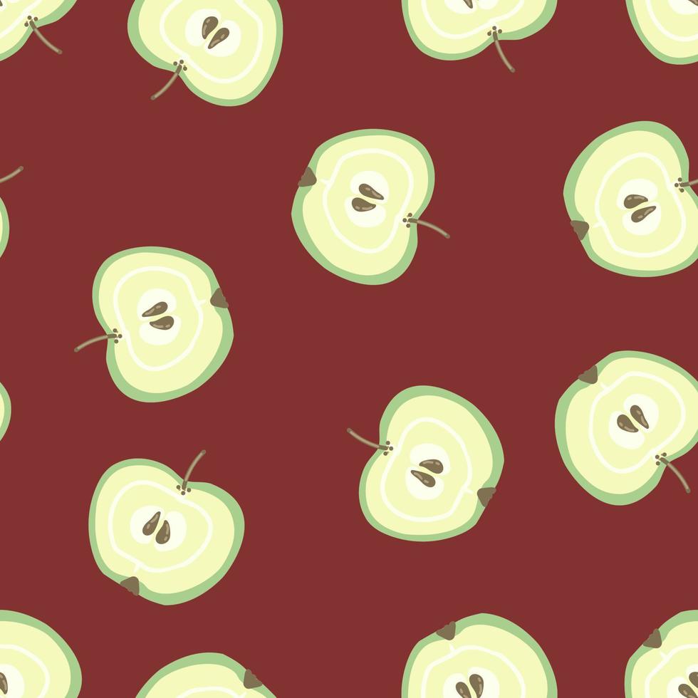 patrón de manzanas sobre un fondo oscuro. mitades de manzanas verdes para textiles, tejidos, papeles pintados, cocina. vector