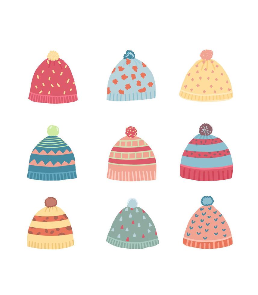Cute vector winter hats. Multicolored knitted hats.