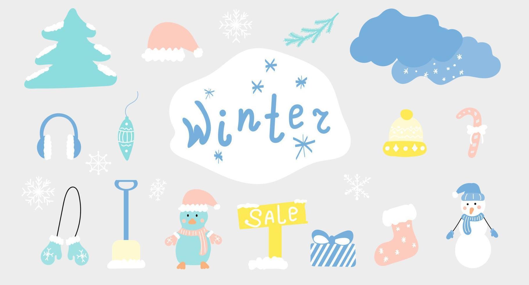 acogedor conjunto de vacaciones de invierno de elementos de diseño de navidad dibujados a mano. vector