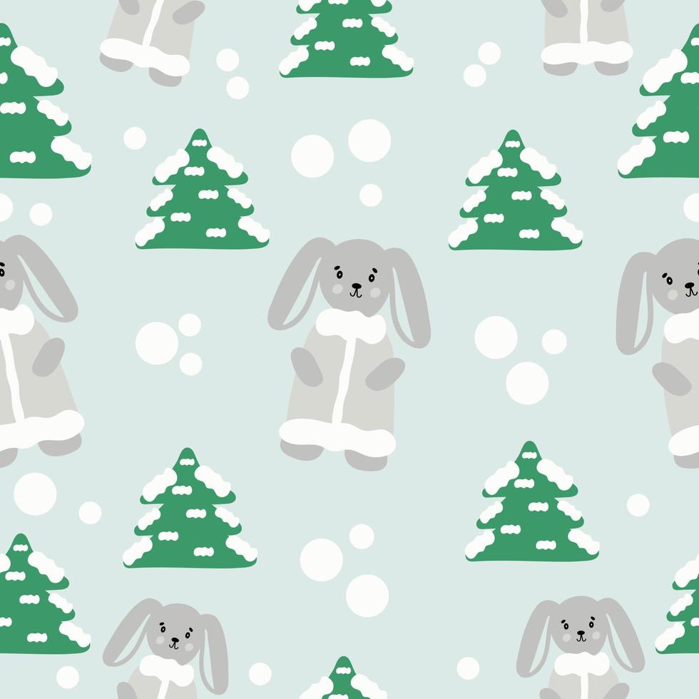 Seamless pattern hand drawn cute rabbit in a fur coat in the forest. Background, wallpaper, packaging, textile template. vector