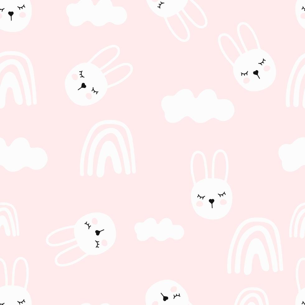 Seamless pattern cute hand-drawn rabbit on a pink background. vector