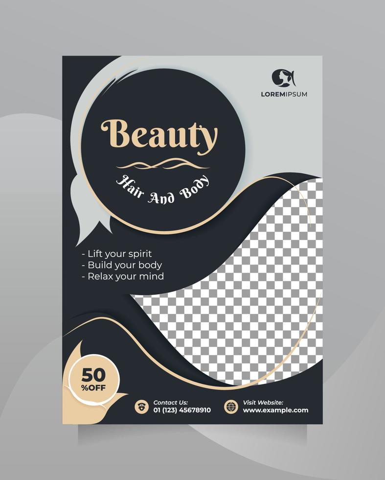 plantilla de volante y folleto del centro de tratamiento de belleza con tamaño a4. concepto de diseño de promoción creativa de spa profesional para el cabello, mascarilla para el cabello, peinado, venta de cosméticos, centro de belleza, etc. vector