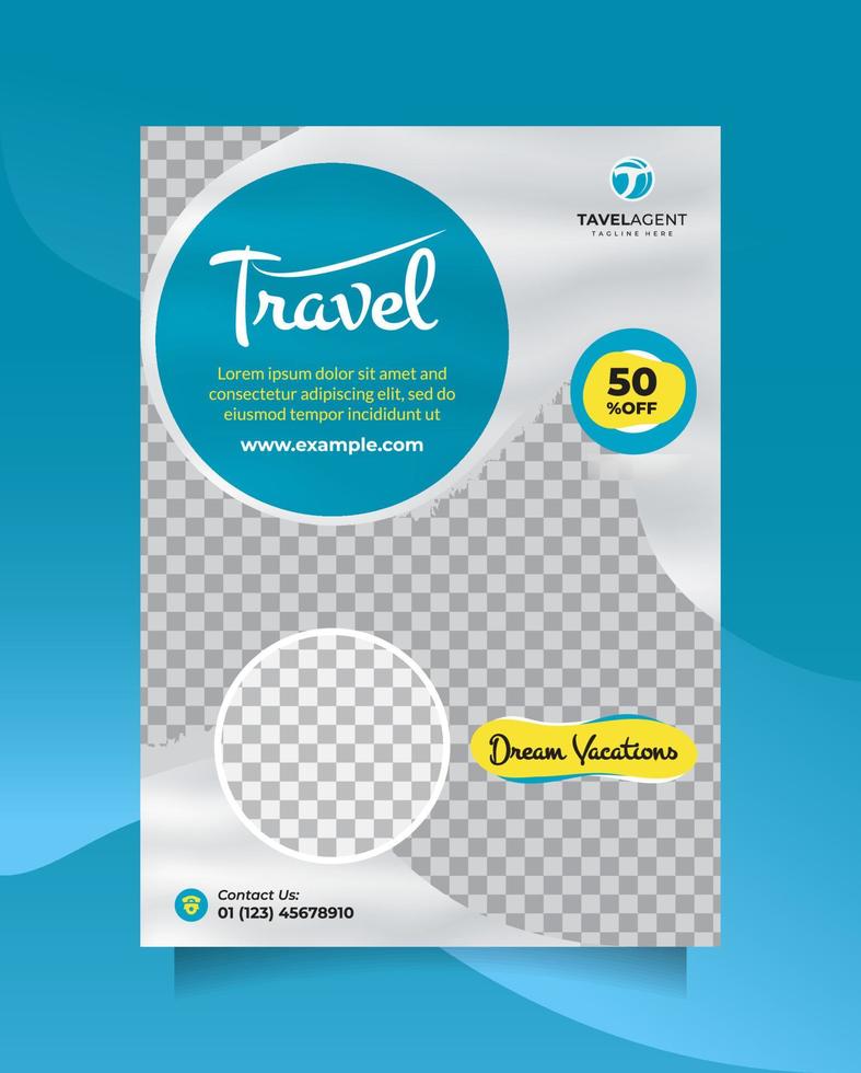 Creative travel sale and tour agency brochure flyer and banner template with modern blue and silver color vector