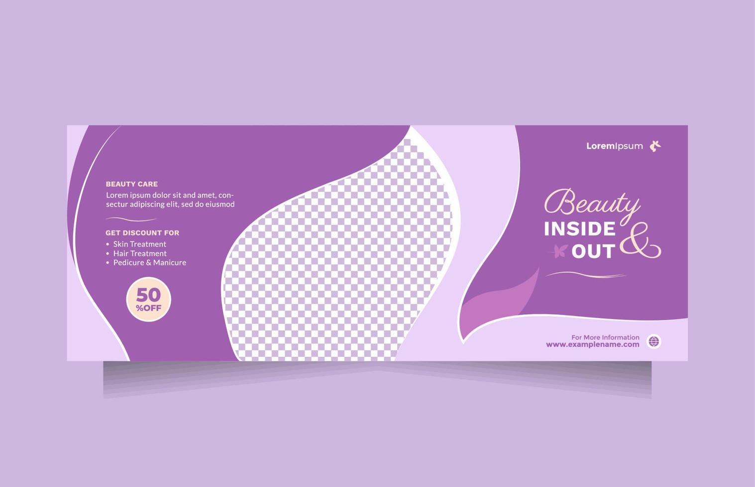 Horizontal social media banner template for beauty care promotion. Beautiful purple design concept of professional hair spa, hair mask, hair style, cosmetic sale or promotion, skin treatment, etc vector