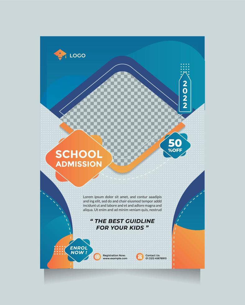 plantilla de diseño de admisión de educación escolar de folleto y folleto creativo. vector de diseño naranja azul con un marcador de posición de imagen. promoción de banner de plantilla editable con tamaño de formato a4