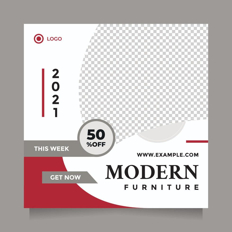 Modern template for furniture sale and home interior promotion. Minimalist red white flat design vector with a photo collage. Usable for social media feed, banner, and web internet ads