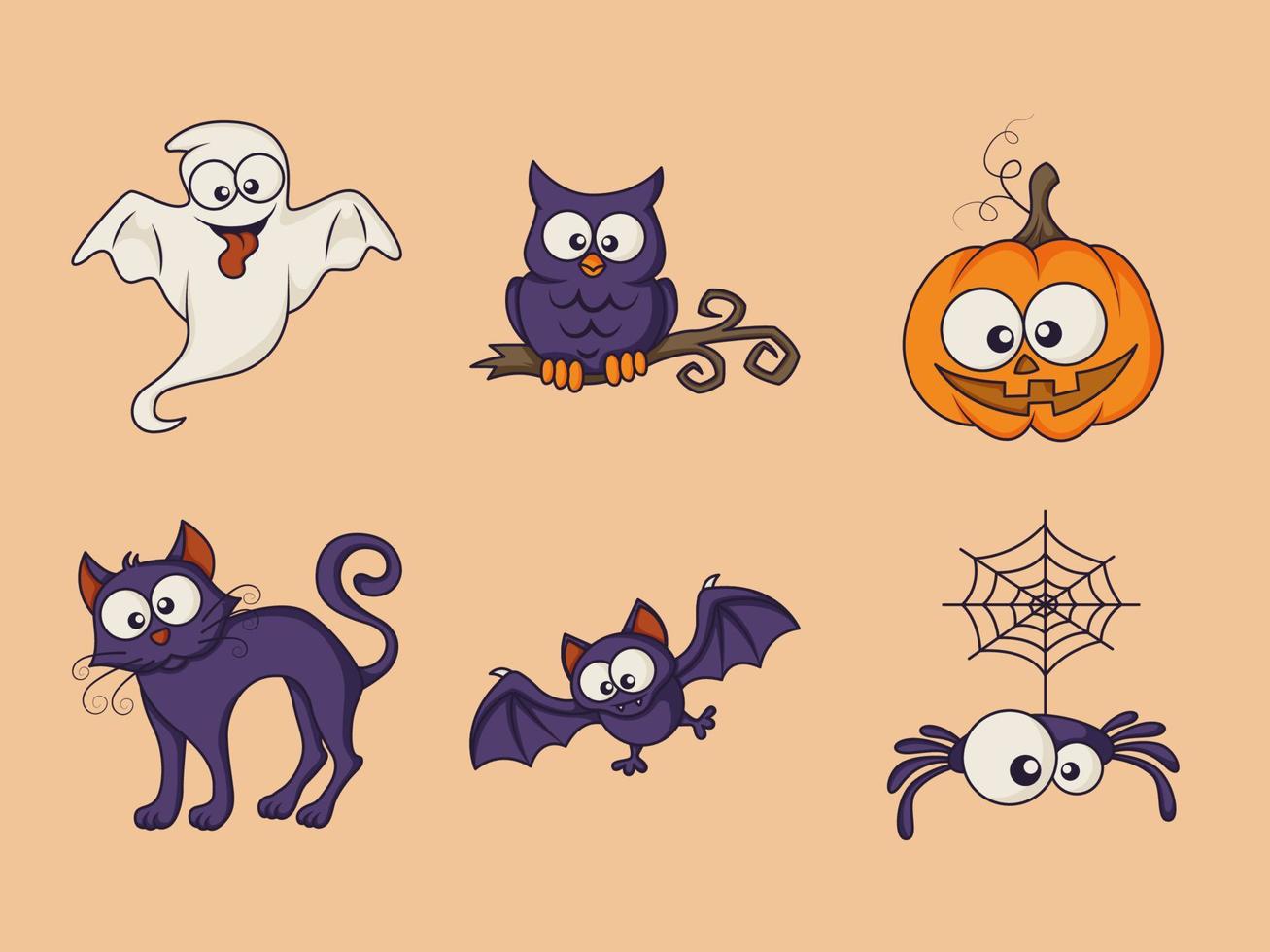 conjunto de elementos de halloween. lindos personajes y elementos espeluznantes de dibujos animados. colección de iconos de Halloween. vector