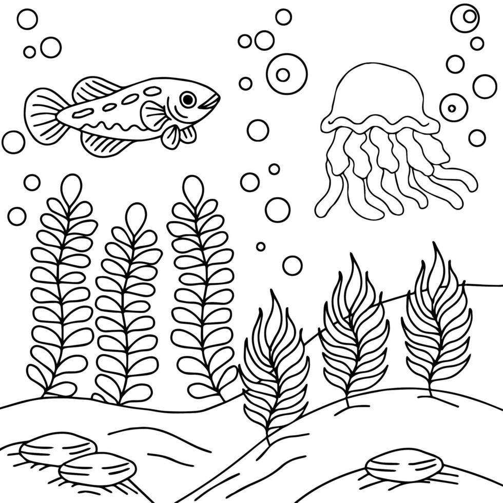 diseño de impresión aqua fish esquema página para colorear para niños vector