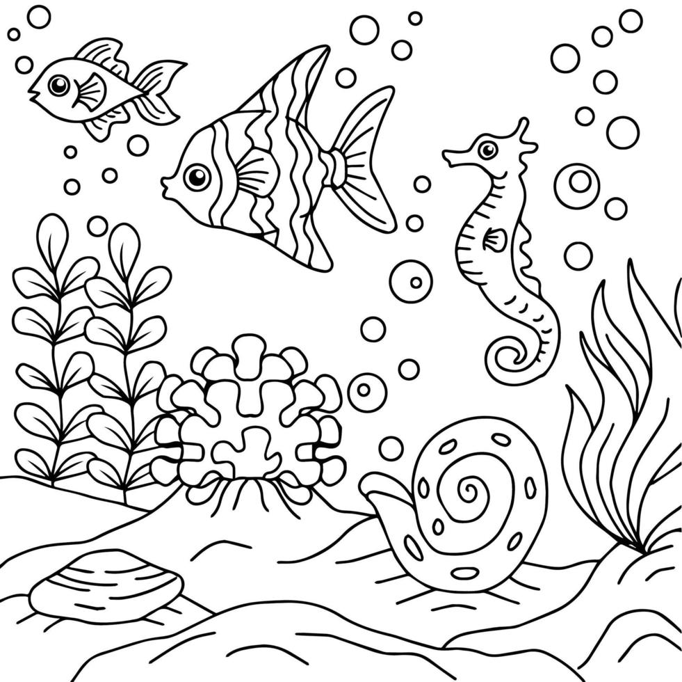 Print design aqua fish outline coloring page for kid 12673531 ...