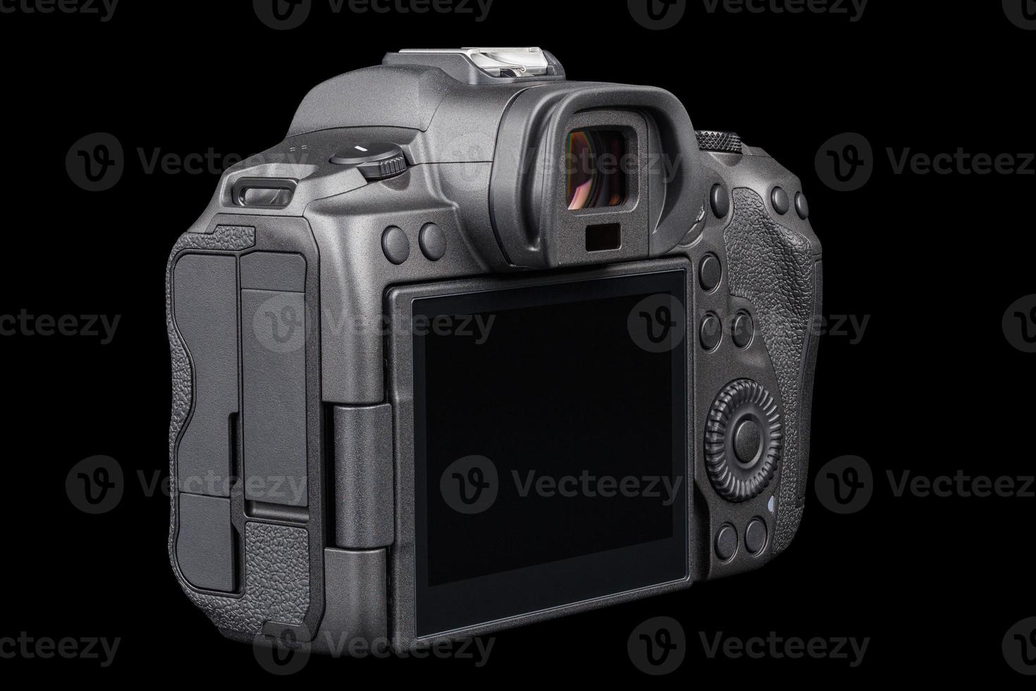 black mirrorless digital camera without lens isolated on black