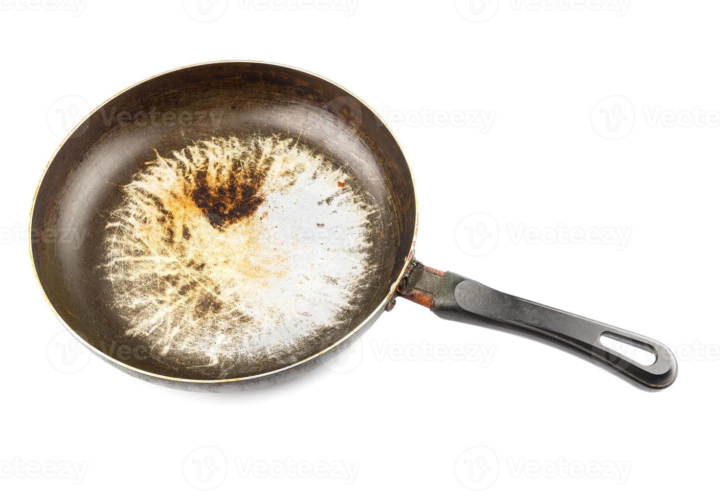 old stained aluminium pan with burnt fat and peeled off TFE non-stick coating and burnt fat isolated photo