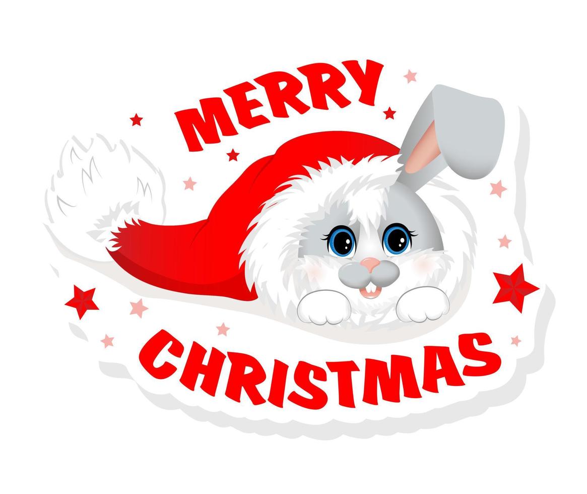 Sticker with symbol of the 2023 year. Cute little rabbit or hare sitting in Christmas hat. vector