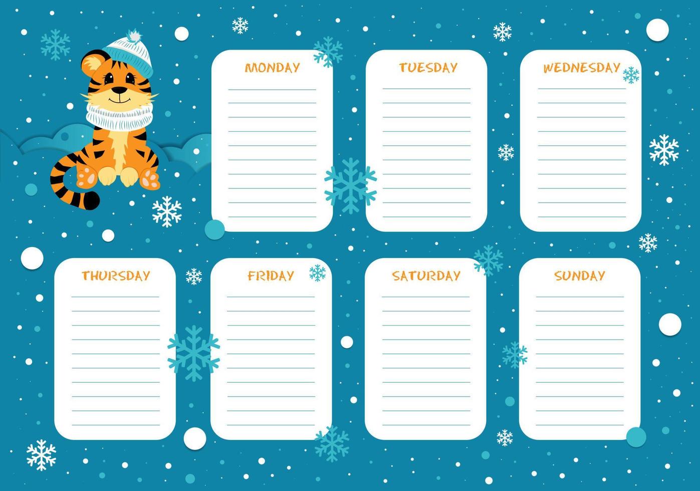 School weekly planner with cute little tiger. vector