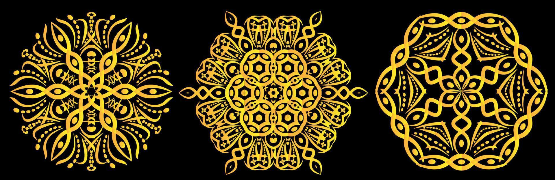 Set of circular geometric ornaments on black background. vector