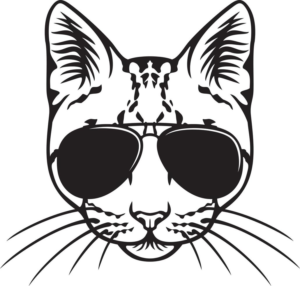 Cat Face with Aviator Sunglasses Black and White. Vector Illustration.