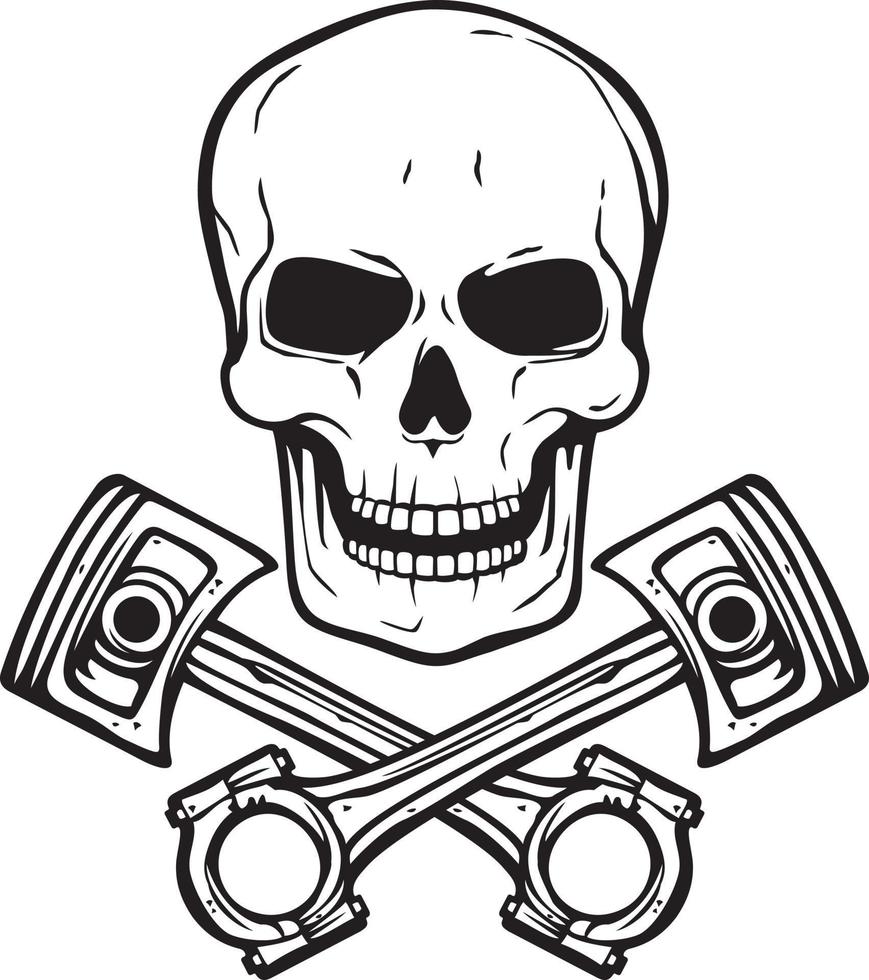 Human Skull with Crossed Engine Pistons Black and White. Vector Illustration.